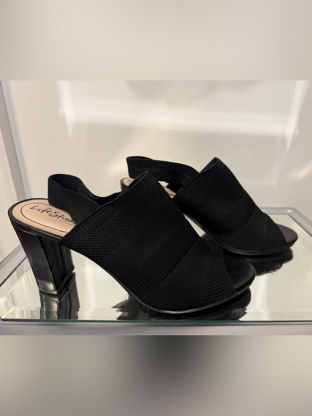Life Stride Black Knit Peep-Toe Slingback Mules